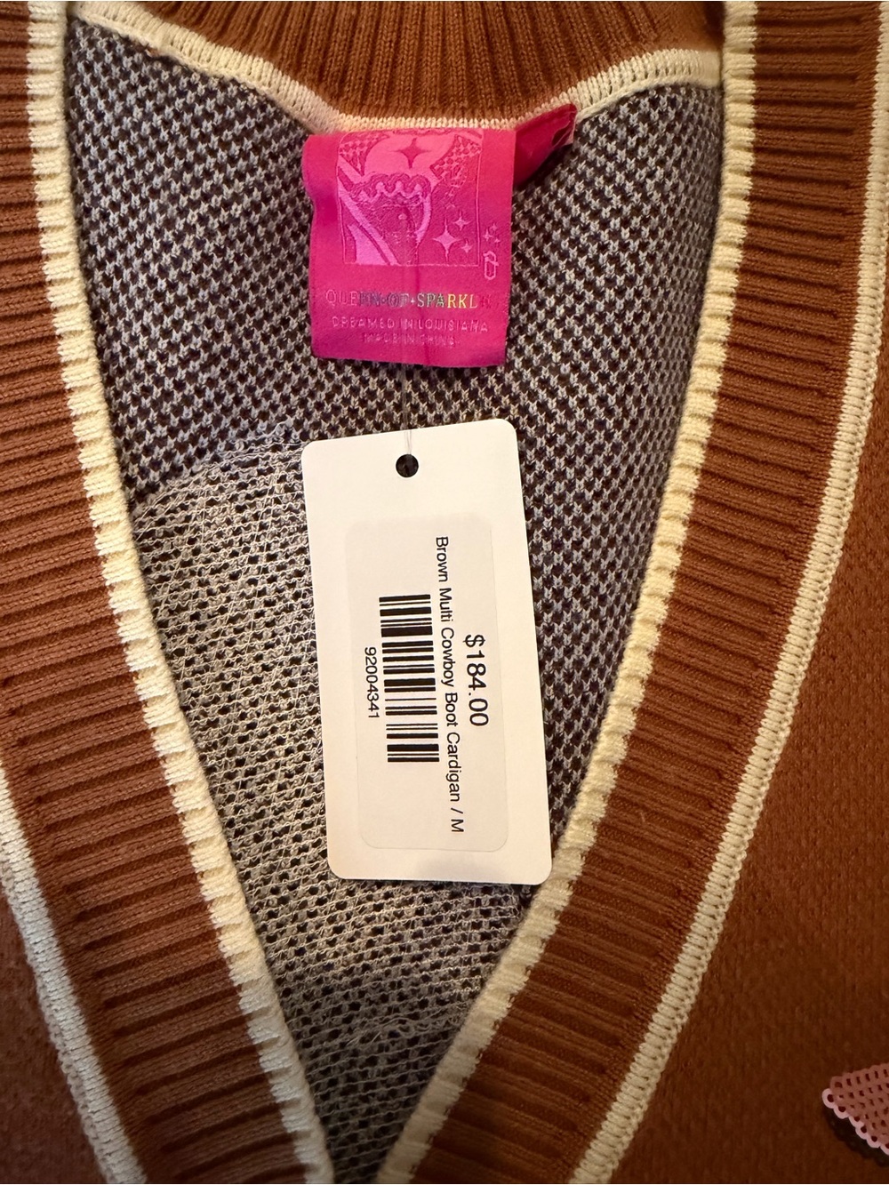 QUEEN OF SPARKLES Brown Cardigan with Multicolor Cowboy Boot Motifs - Picture 2 of 3